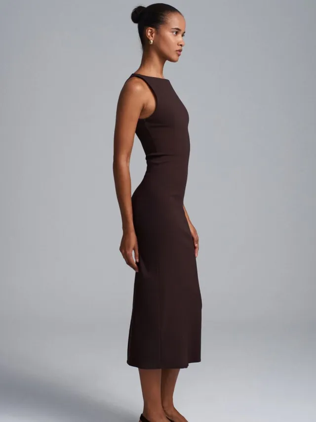 Dilvin Mouwloze Midi Bodycon Jurk met Split Mokka