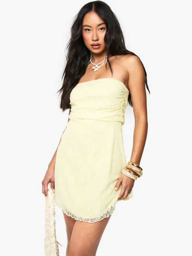 boohoo Dames Kant Bandeau Smock Jurk Citroen