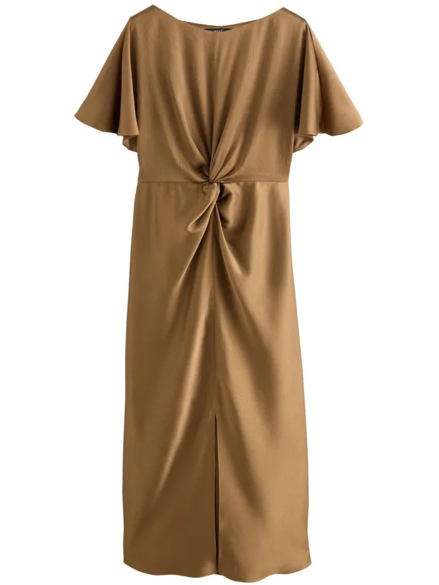 Next Dames - Satijnen midi-jurk met korte mouwen en gedraaide voorkant - Tall - Bruin Bronze