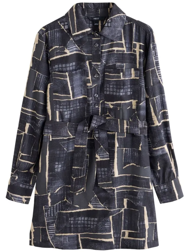 Next Dames - Overhemdjurk met gestrikte taille en lange mouwen - Blauw Navy/Blue Print