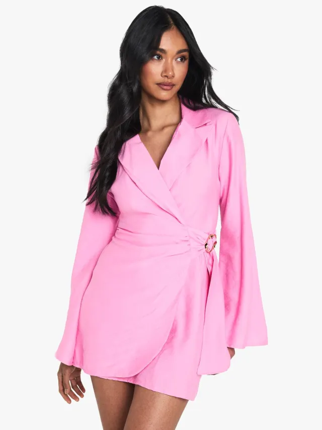boohoo Dames Linnenlook gespelde detail, gebonden taille, getailleerde blazerjurk Roze