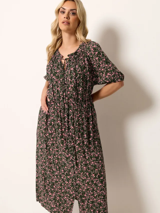 Yours Zwarte Maxijurk Met Fijne Bloemenprint En Fijne Plooien-52 Black