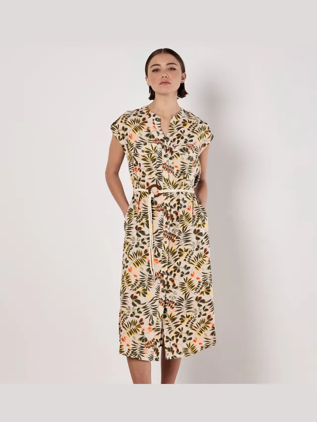 Apricot Midi-shirtjurk met bladprint en ceintuur Steen