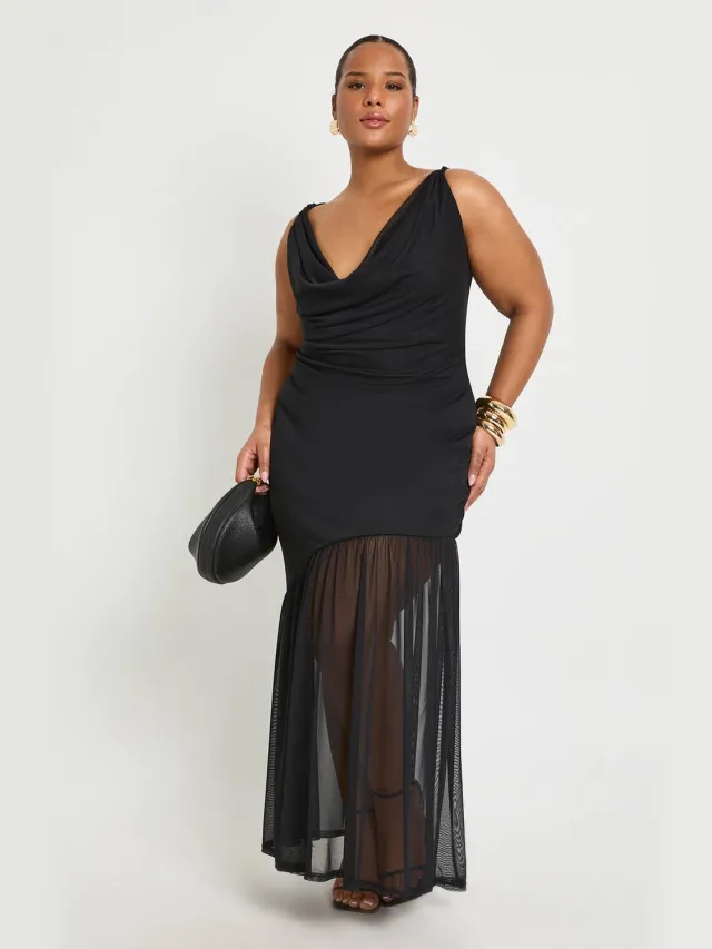 boohoo Dames Plus Cowl Mesh Zoom Midaxi Zwart