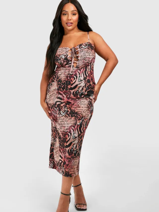 boohoo Dames Plus Mesh Gemengd Luipaardprint Gespante Corset Detail Cami Midi Jurk Multicolor