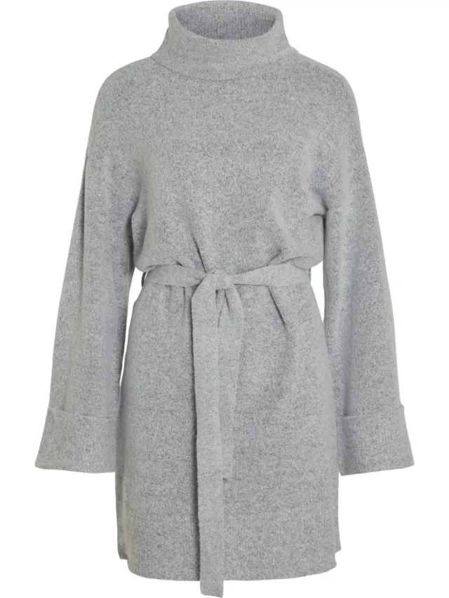 Vila Gebreide jurk Knoopriem in de taille light grey melange