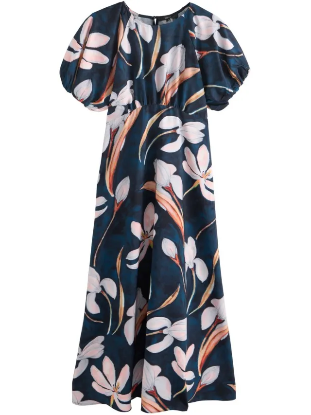 Next Dames - Halflange jurk met pofmouwen - Blauw Navy Blue Floral Printed