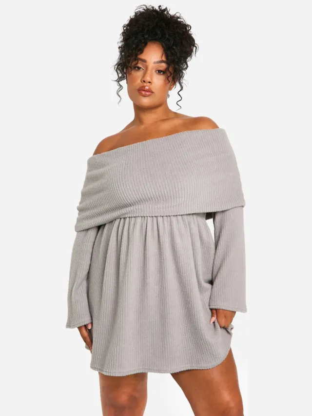 boohoo Dames Plus Brushed Rib Off Shoulder Skater Jurk Grijs