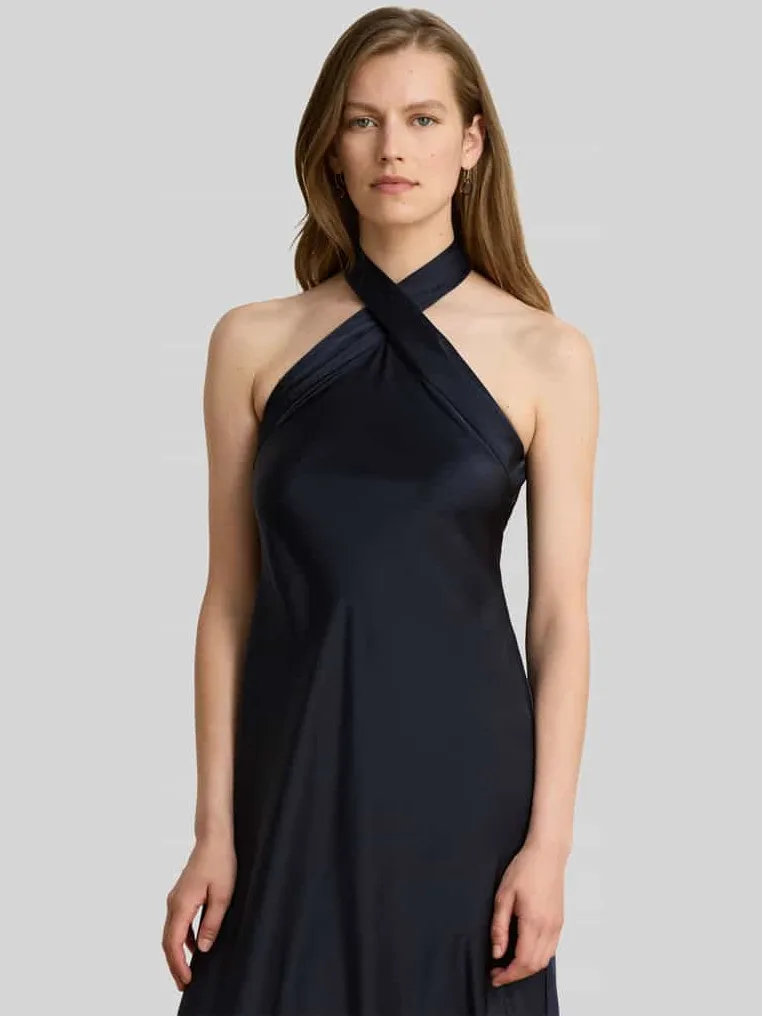 Lauren Ralph Lauren Vloeiende cocktailjurk met halter om te strikken donkerblauw, foto 2