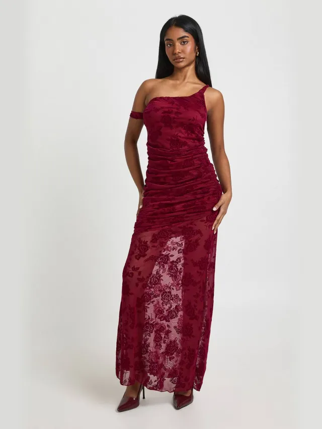 boohoo Dames Strappy Devore Maxi Jurk Bordeaux Rood