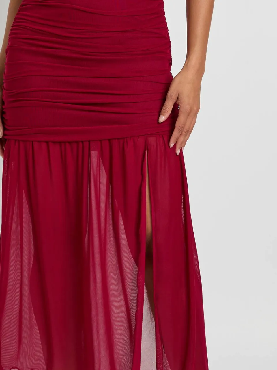 boohoo Dames Mesh Vierkante Halslijn Drop Waist Midaxi Jurk bordeaux rood, foto 3