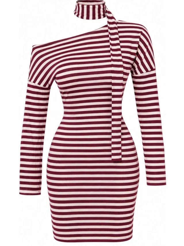 Trendyol TRENDYOLMİLLA Dames Paars Gestreept Kort / Mini Lang Bodycon Jurken, foto 2