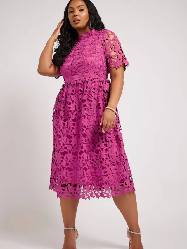 Yours London Midijurk Met Gehaakt Ontwerp In Magenta Roze Pink