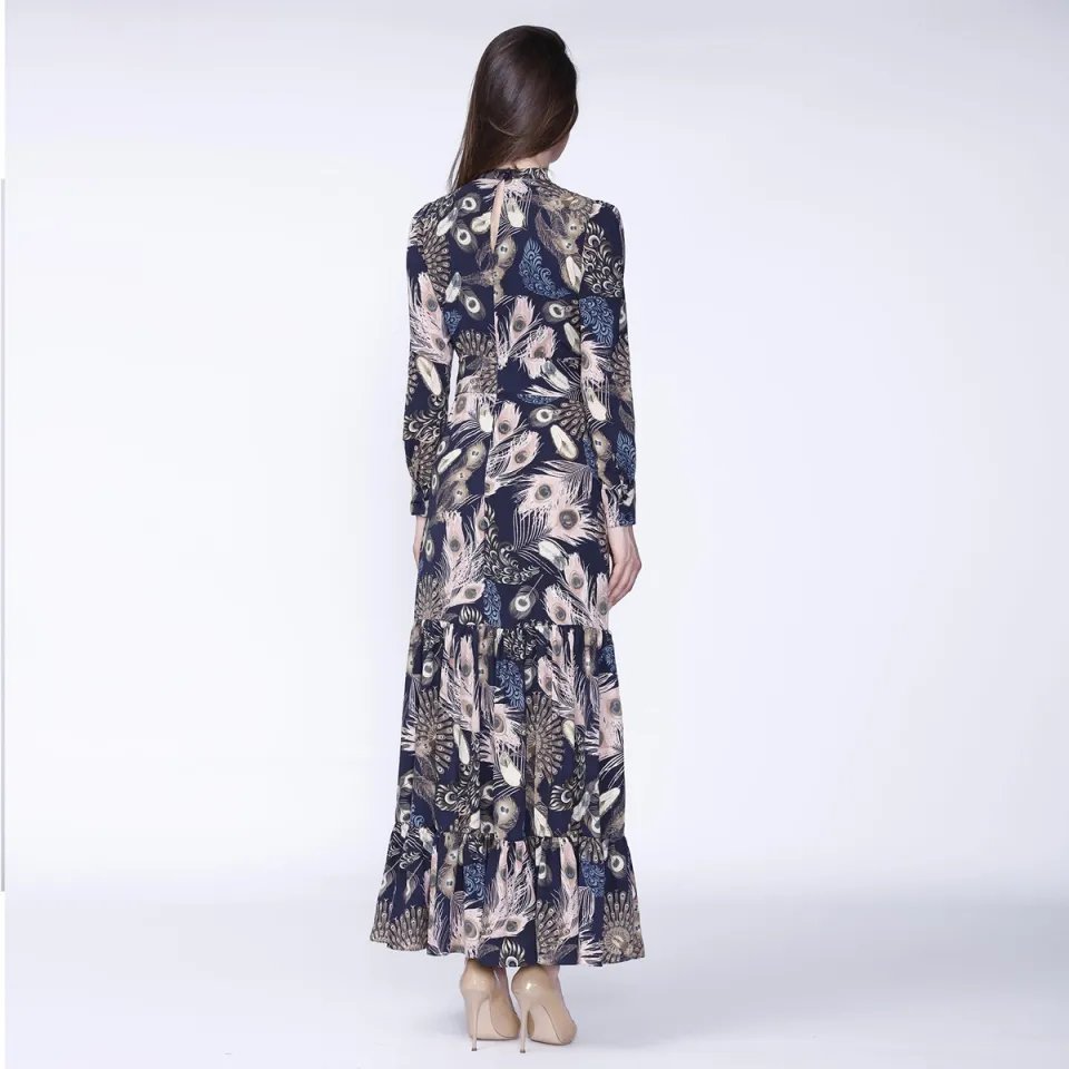 Smart & Joy Boheemse stijl lange jurk met ruches en veren print veelkleurig, foto 2