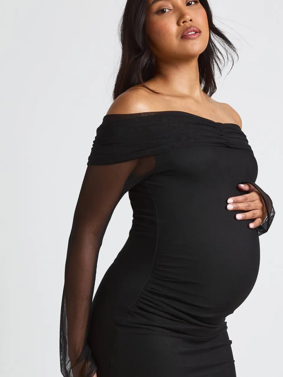 boohoo Dames Zwangerschaps Bardot Geplooide Mesh Mouw Maxi Jurk zwart, foto 3
