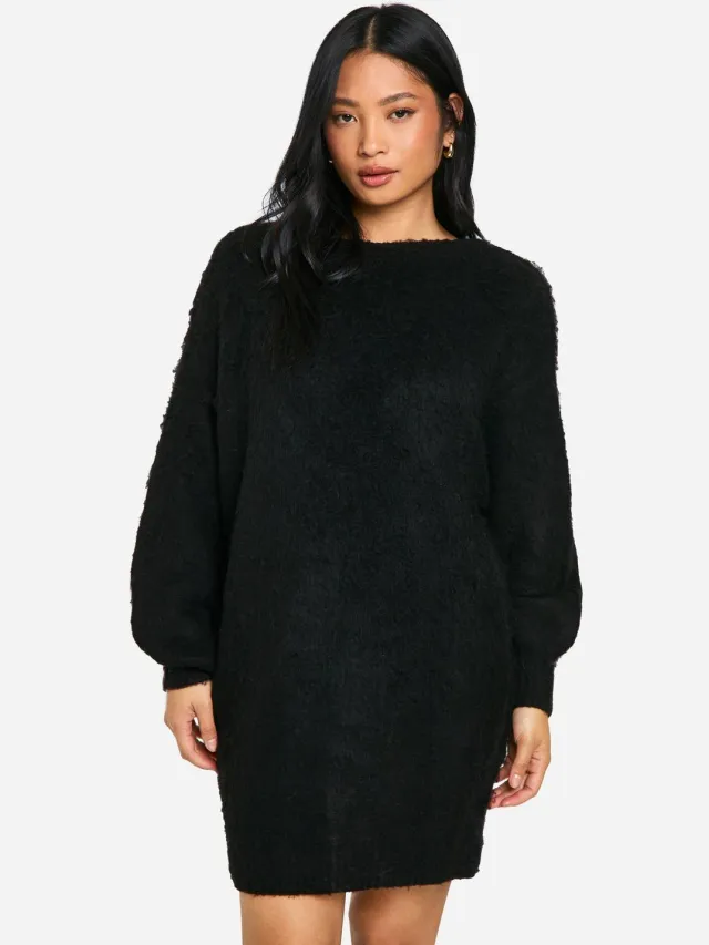 boohoo Dames Petite Geborstelde Low Back Oversized Jumper Jurk Zwart