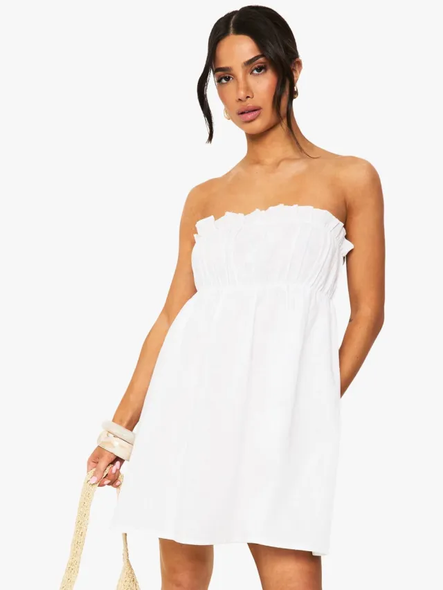 boohoo Dames Petite Linnen Gerimpelde Bandeau Mini-jurk Wit