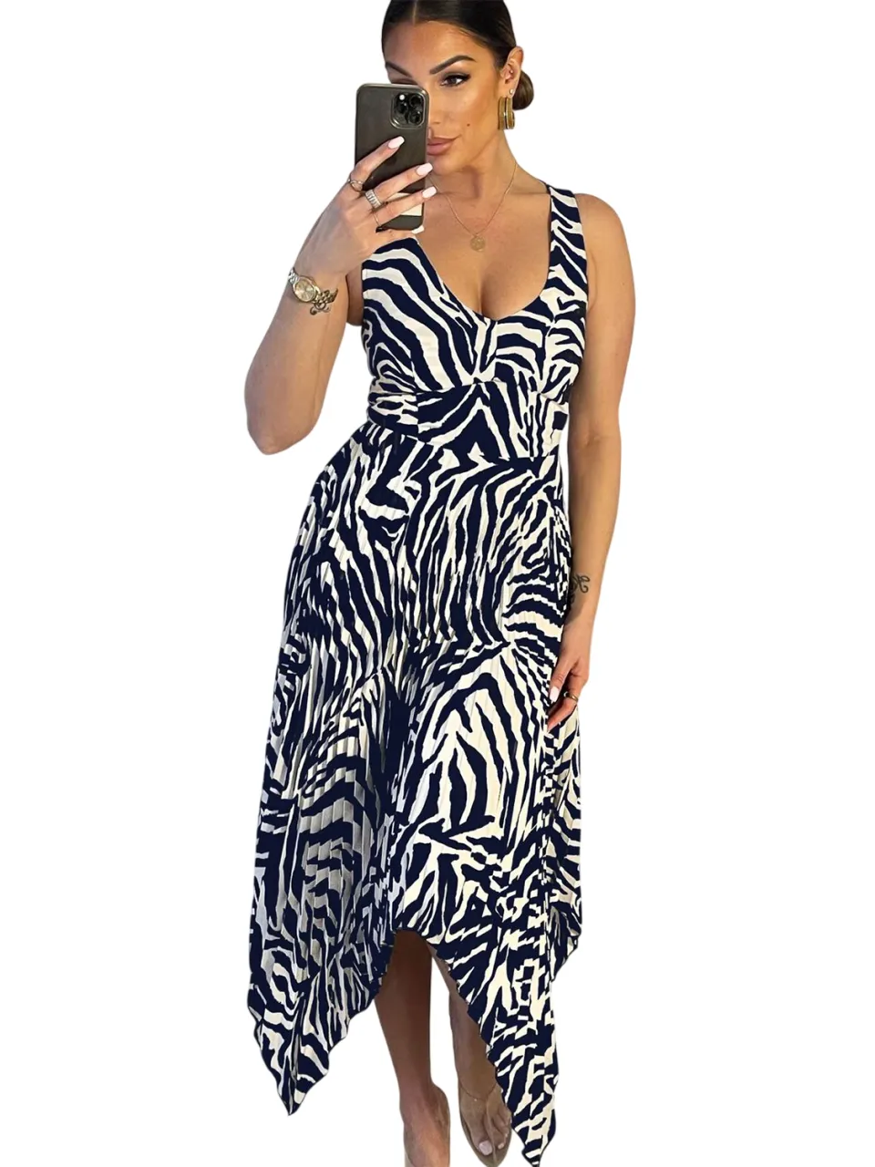 AX Paris Midi-jurk met plooien en zebraprint voor dames (Marine/Crème) Marineblauw