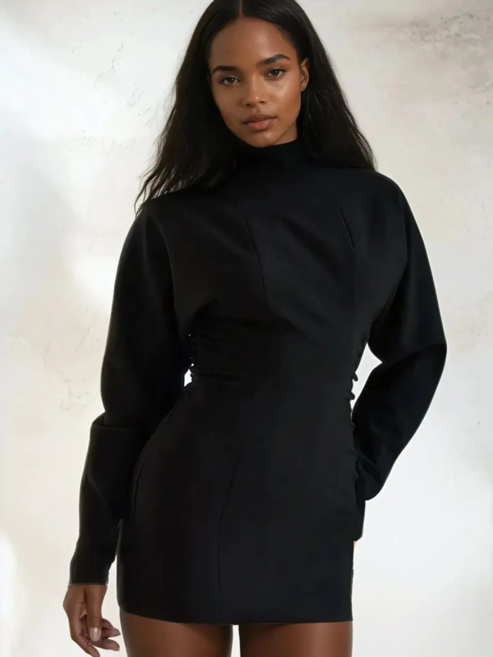 Hiccup Batwing Mouw Geplooide Bodycon Jurk Zwart