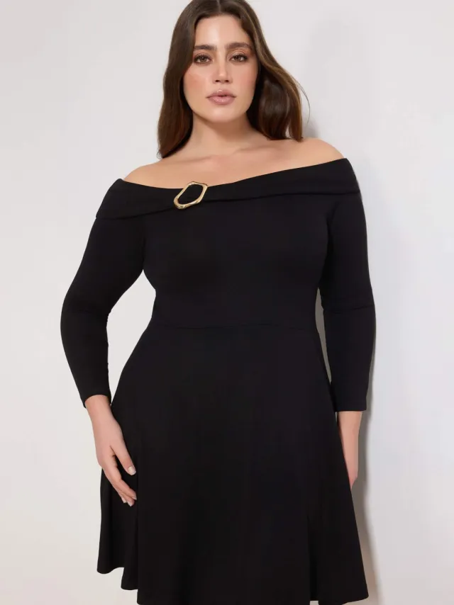 Trendyol Curve Dames Zwart Effen Kort / Mini Lang Casual Skater Grote maten Jurk