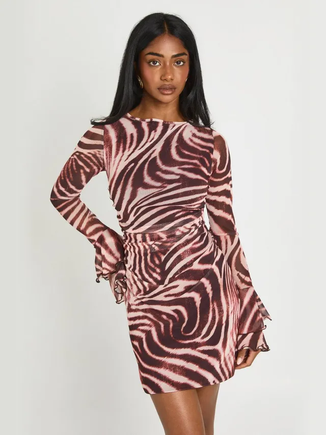 boohoo Dames Mesh Mini Jurk Met Toonkleurige Dierenprint En Uitlopende Mouwen Roos
