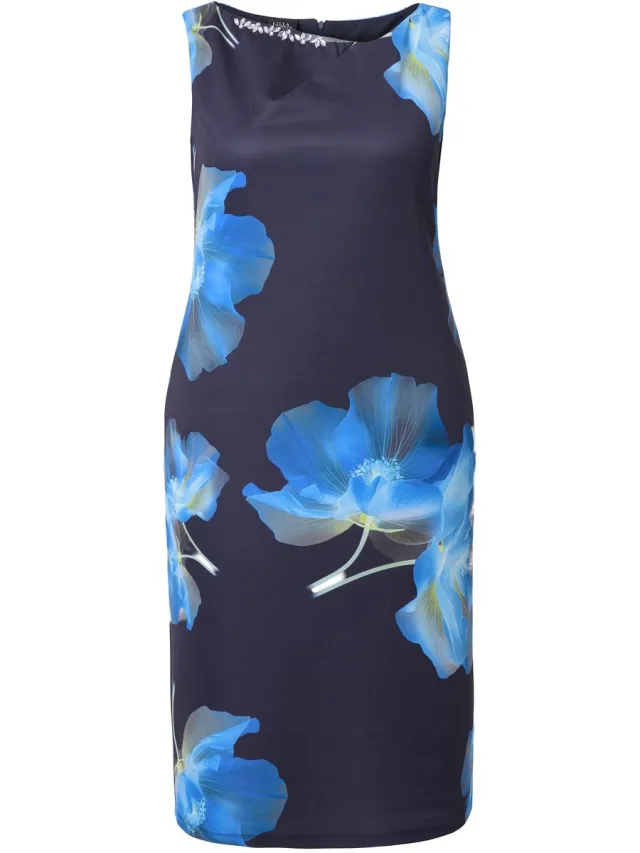 Ulla Popken Dames - Scuba midi-jurk bloemen boothals mouwloos - Marine