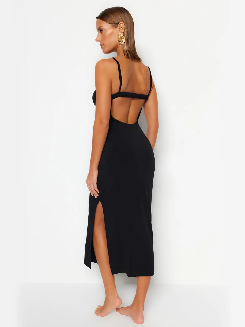 Trendyol TRENDYOLMİLLA Dames Zwart Effen Midi Mouwloos Strandkleding Bodycon Jurken, foto 2