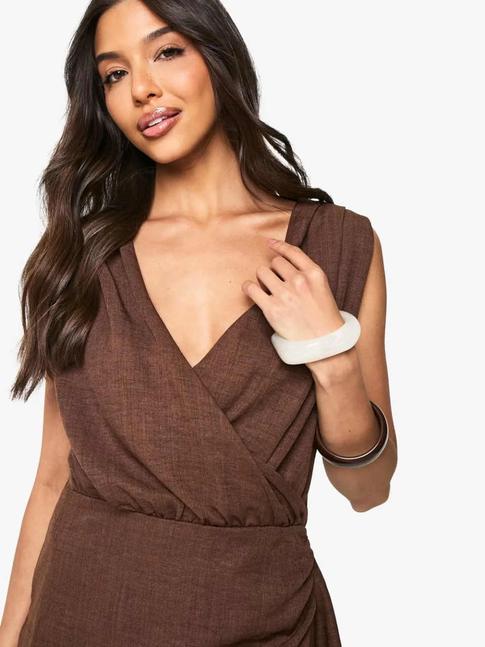 boohoo Dames Linnen Look Wrap Mini Jurk chocoladebruin, foto 4