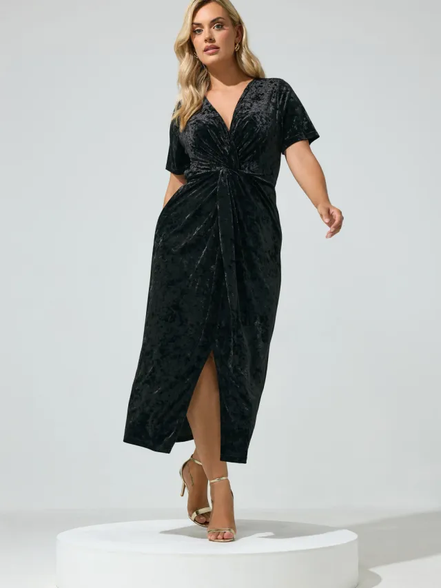 Yours London Zwarte Crushed Fluwelen Knoopjurk Black
