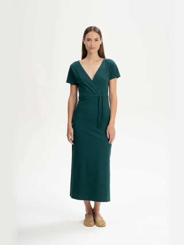 MELA dames vegan Jurk V-Hals Shreoshi Diepzee Petrol