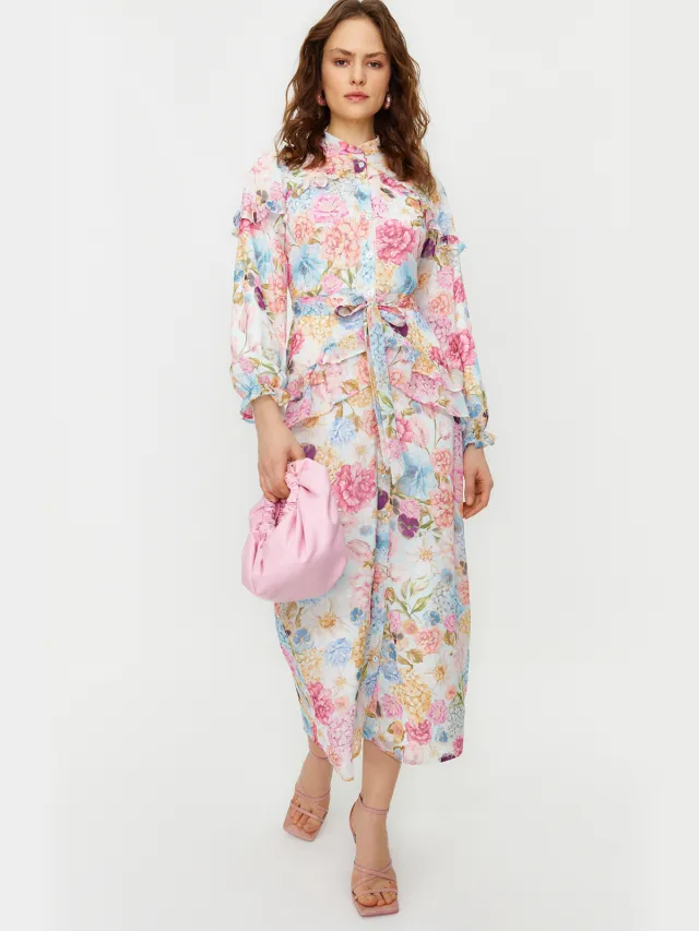 Trendyol Modest Dames Paars Bloemen Maxi Lang Casual Skater Modest Jurken Lila