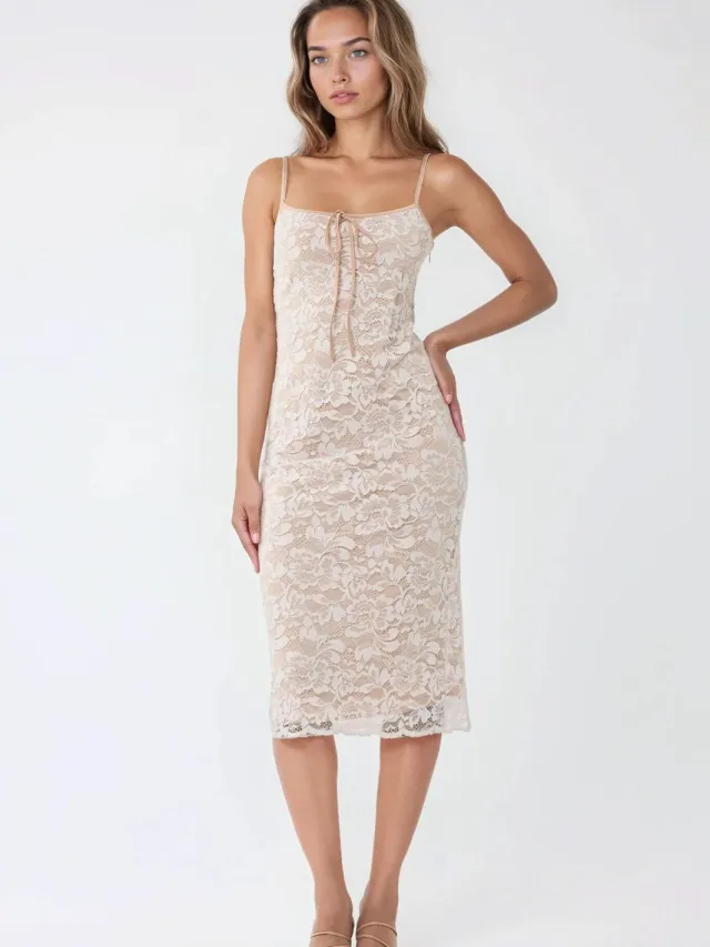 Hiccup Vierkante Kraag Kant Midi Bodycon Jurk Wit