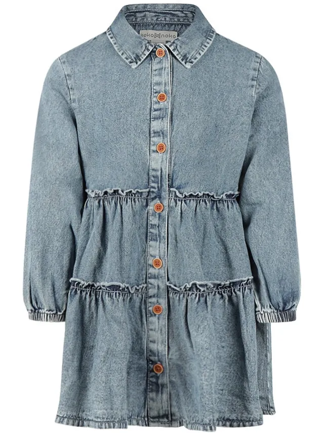 Koko Noko Meisjes Jurk - Denim light blue Blauw