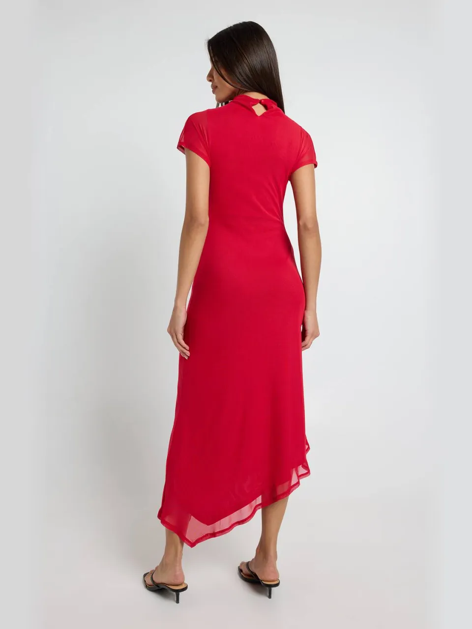 boohoo Dames Mesh Jurk Met Korte Mouwen En Asymmetrische Zoom Midaxi rood, foto 3