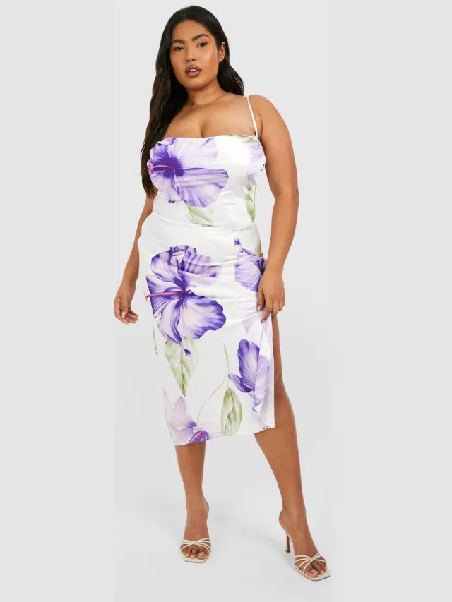 boohoo Dames Plus bedrukte midi slip jurk Violet