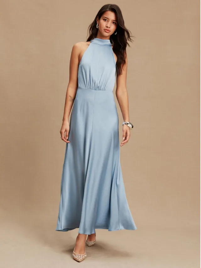 Next Dames - Satijnen halter mouwloze midi-jurk met textuur - Blauw Light Blue