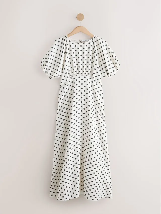 Next Dames - Halflange jurk met pofmouwen - Wit Ecru/Black Polka Dot