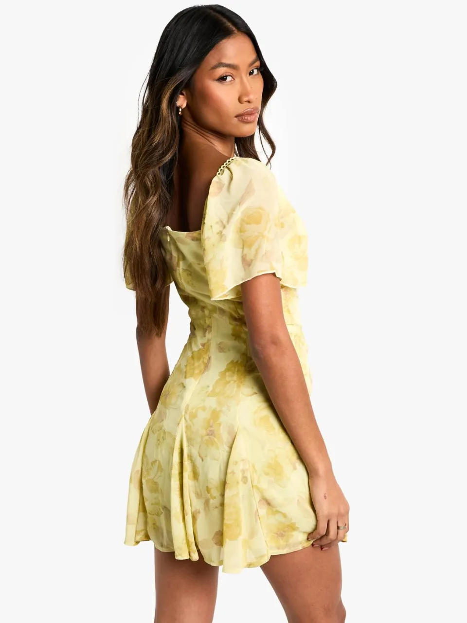 boohoo Dames Bloemige Melkmeid Godet Zoom Mini Jurk citroen, foto 2