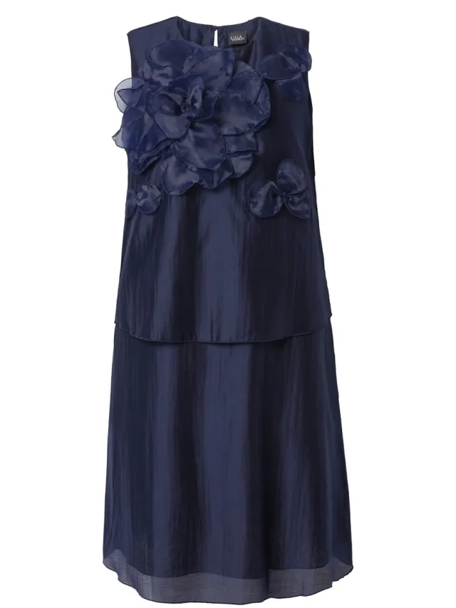 Ulla Popken Dames - Chiffon midi-jurk bloemen-applicatie ronde hals mouwloos - Marine