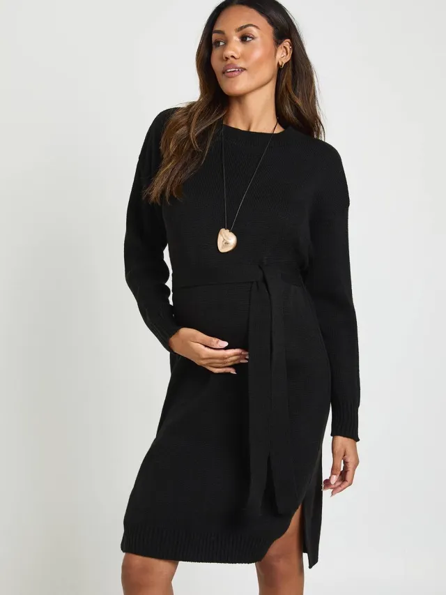 boohoo Dames Zwangerschaps Ronde Hals Trui Midi Jurk Zwart