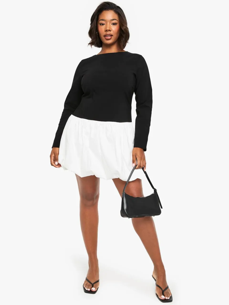 boohoo Dames plus bengaline contrast puffball mini jurk zwart, foto 3
