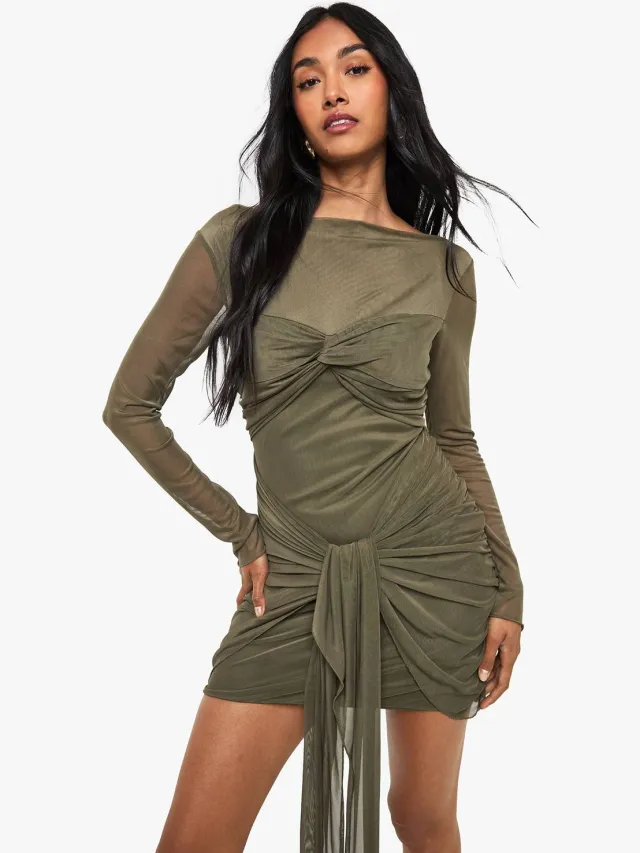 boohoo Dames Mini-jurk met mesh ruched twistdetail kaki, foto 2