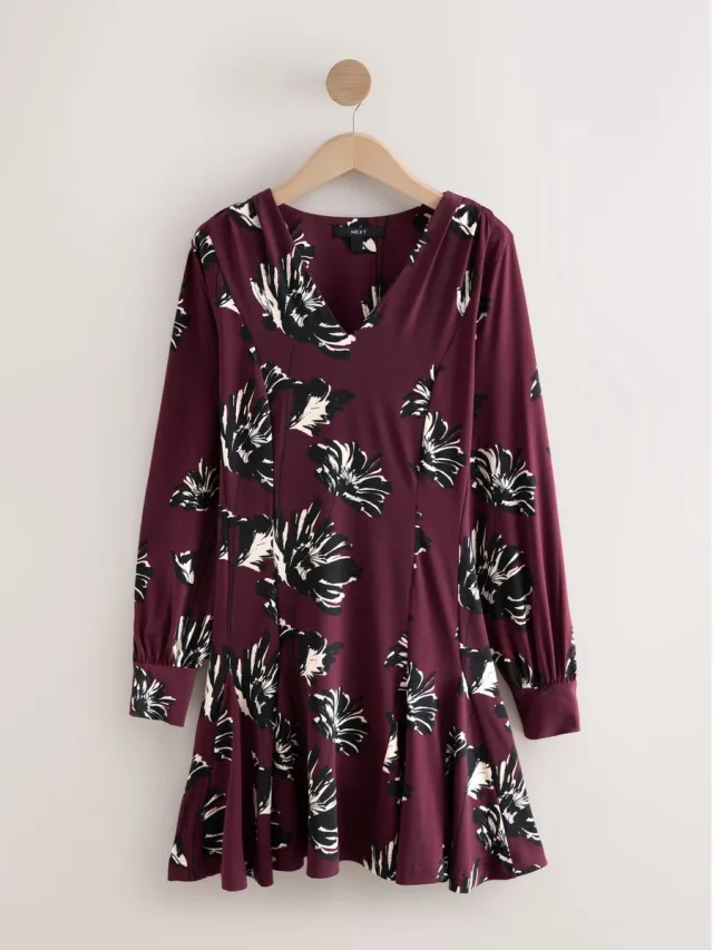 Next Dames - Mini-jurk met lange mouwen en A-lijn - Rood Burgundy Red Floral