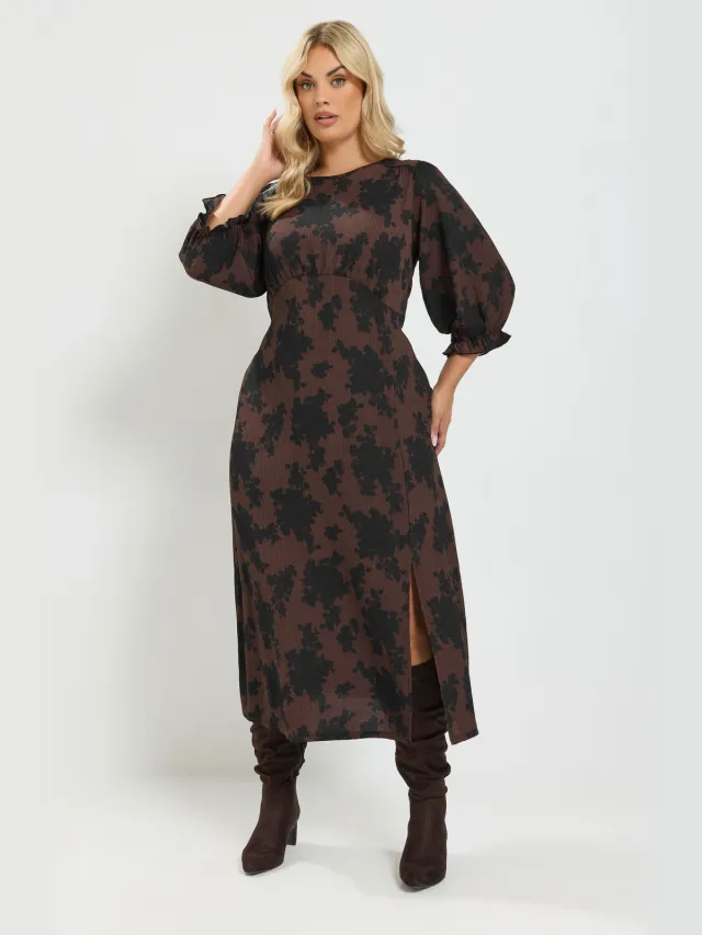 Yours Chocoladebruine Midijurk Met Bloemenprint En Textuur-56 Brown