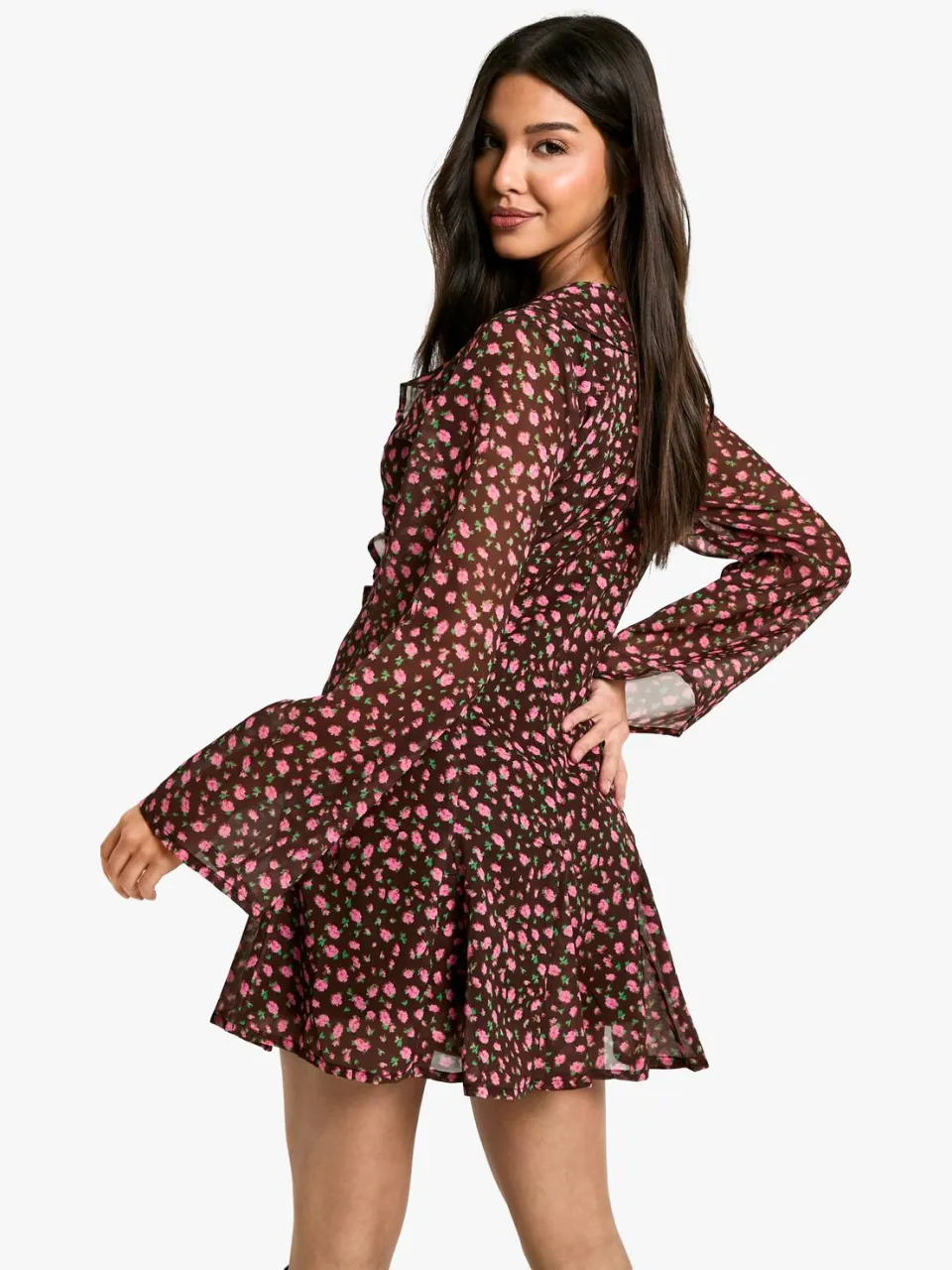boohoo Dames Ditsy Bloemen Shift Jurk met ruches bruin, foto 2