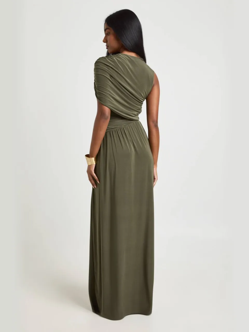 boohoo Dames Dubbele Laag Slinky Mouwloze Gerimpelde Lichaam Maxi Jurk olijf, foto 2
