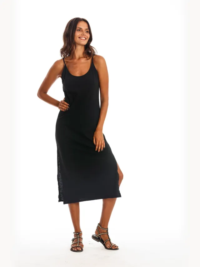 RAVENS VIEW IBIZA dames vegan Midi Jurk Rhea Zwart