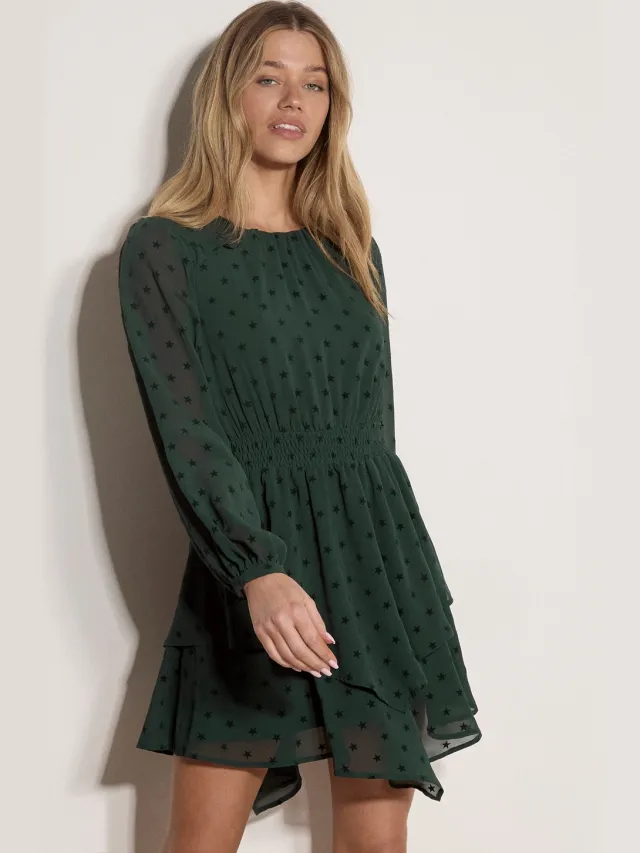 Apricot Mini-jurk van crêpefluweel met sterren en gelaagde rok Groen