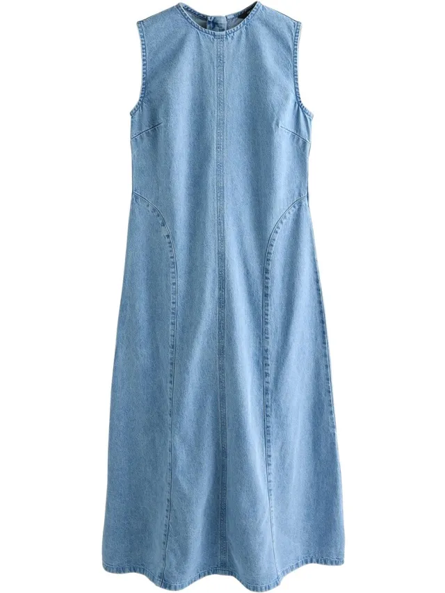 Next Dames - Naadloze, mouwloze petite denim maxi-jurk - Petite - Blauw Light Blue