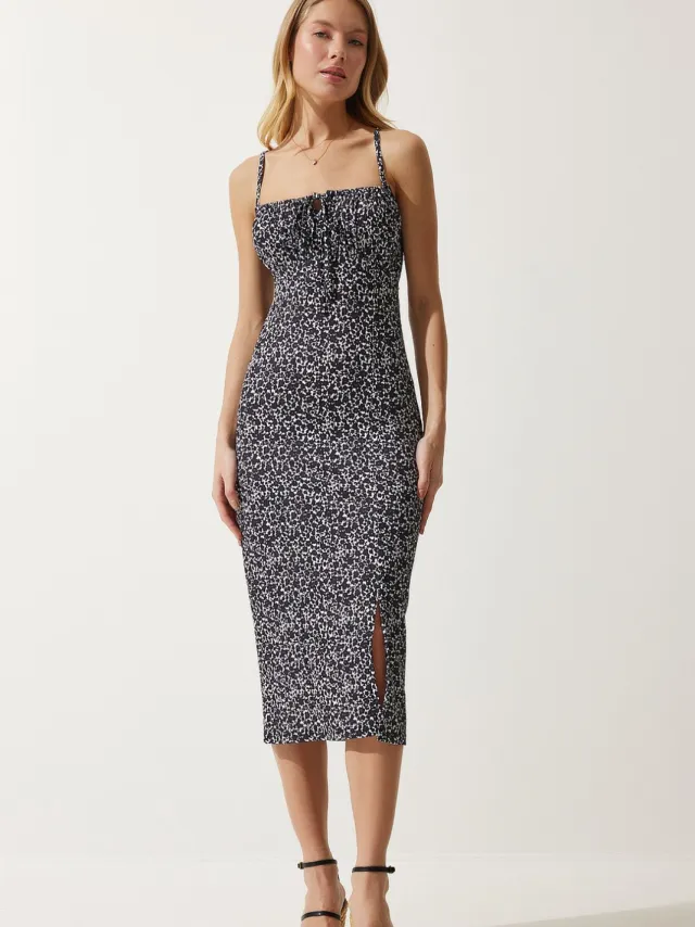 Happiness Istanbul Bloemige Bodycon Midi-jurk met Splits Zwart